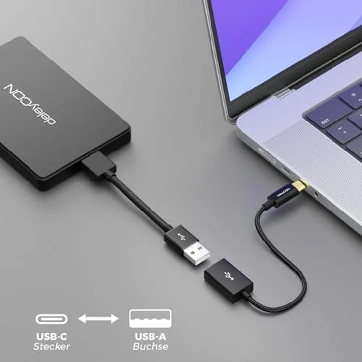deleyCON 10cm USB-C auf USB-A OTG Kabel Adapter, Schwarz – Wendbarer C-Stecker, 480 MBit/s, kompatibel mit iPhone 17/16 Pro Max, iPad, MacBook Pro/Air, Galaxy S25/S24/S23/S22 – Bild 4