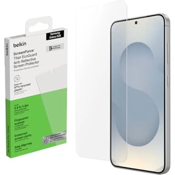 Belkin ScreenForce Titan EcoGuard, Anti-Reflex Schutzfolie für Samsung Galaxy S26, kratzfest, ultradünn mit 0,22 mm, Positionierungsrahmen, nachhaltige Herstellung