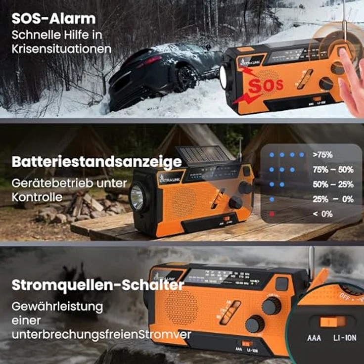 Extralink SR-4000 Notfallradio, Solar & Kurbel mit 4000mAh Powerbank und SOS-LED Taschenlampe, Schwarz – Bild 6