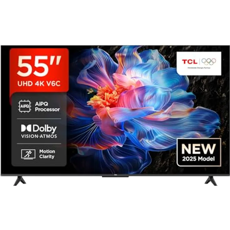 TCL 55V6C 55 Zoll Direct LED TV, 4K HDR Fernseher, Smart TV mit Google TV (Dolby Audio, Motion Clarity, AiPQTM-Prozessor)