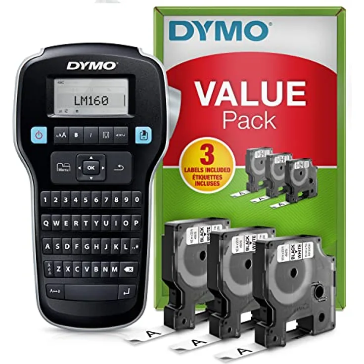 DYMO LabelManager 160 Label Maker Starter Kit | Handetikettiermaschine | mit 3 Rollen D1 Etikettenband | QWERTY Tastatur | ideal für Büro oder Zuhause, Schwarz