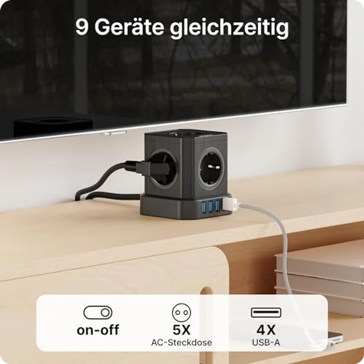 Voomy Power S5 Mehrfachsteckdose mit 4 USB, 5 Steckdosen und Schalter, Schwarz – Bild 2