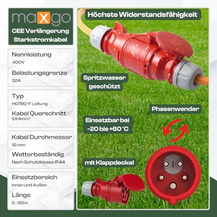 netbote24 maxgo CEE-Starkstromkabel Kraftstromkabel Verlängerungskabel mit Phasenwender 400V 32A 50m 5P 6h Verlängerung Polyurethanleitung Pur Kabel H07BQ-F 5X4mm² IP44 Außenbereich – Bild 2