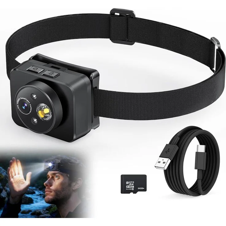Dopwii Stirnkamera LED, 1080P Camcorder mit 64GB Speicher, wiederaufladbar und verstellbar für Elektriker, Fahrrad & Angeln