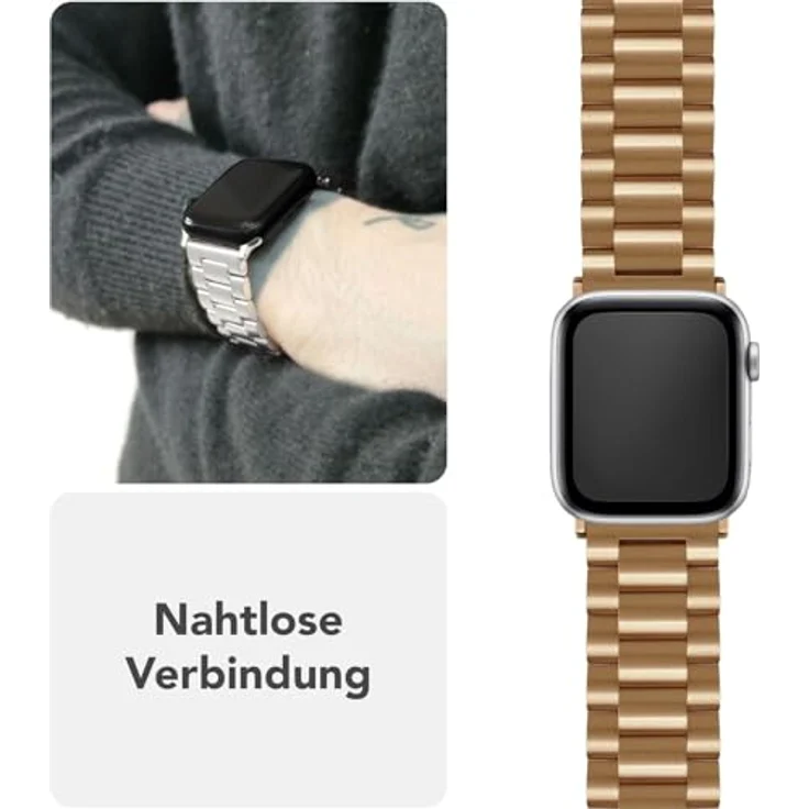 NALIA Mova Edelstahl Armband für Apple Watch Series Ultra/SE 10/9/8/7/6/5/4/3/2/1, 42/44/45/46/49mm, rostfrei, Doppelfaltschließe, Farbe: Königs Gold – Bild 3