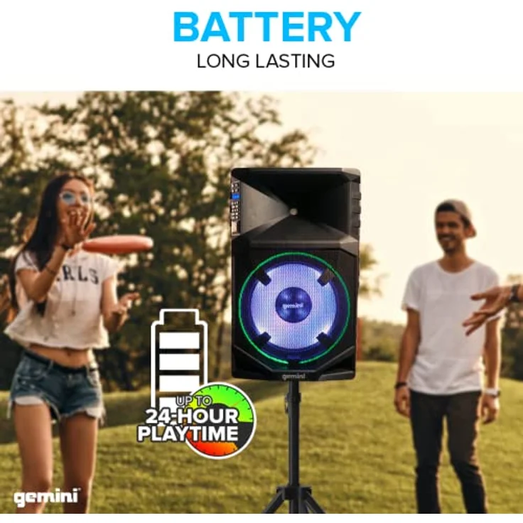 Gemini GSW-T1500PK - aktiver Outdoor 15" Lautsprecher - 1500 Watt Party Box - Bluetooth, USB und FM-Radio Player - IPX4 - Akku - integrierte Rollen - LED Beleuchtung – Bild 4