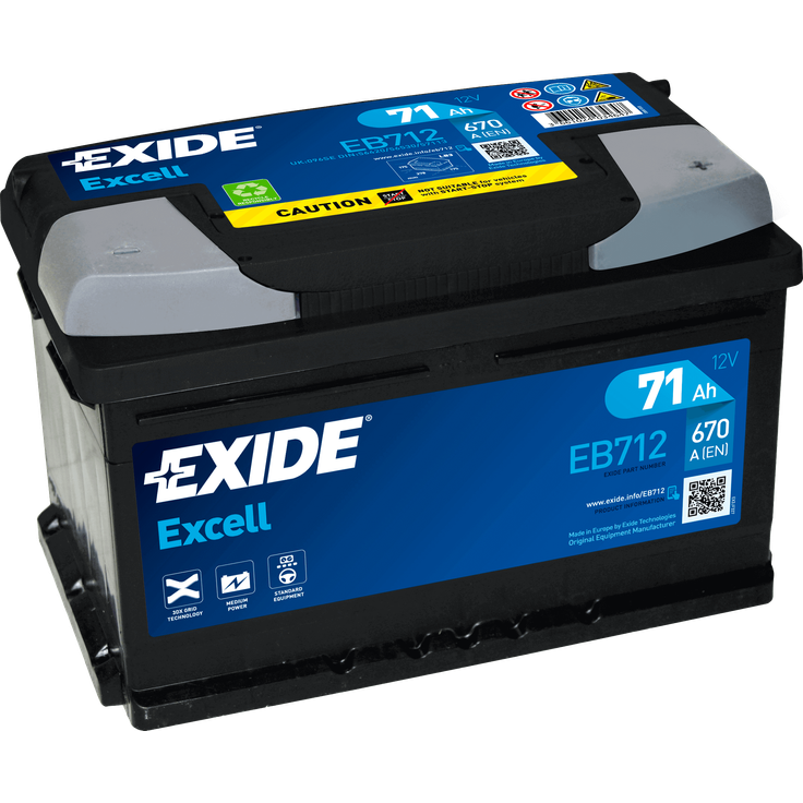 Exide EB712 Excell 12V 71Ah 670A, wartungsfreie Autobatterie mit 3DX Gitternetztechnologie
