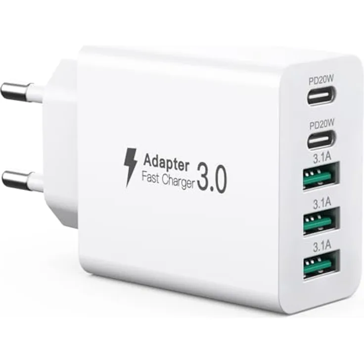 sccvee USB C Ladegerät 50W, 5 Ports Wand-Ladegerät mit 2x USB-C und 3x USB-A, Fast Charge PD 3.0 Adapter, kompatibel mit iPhone 12-16 und Samsung Geräten