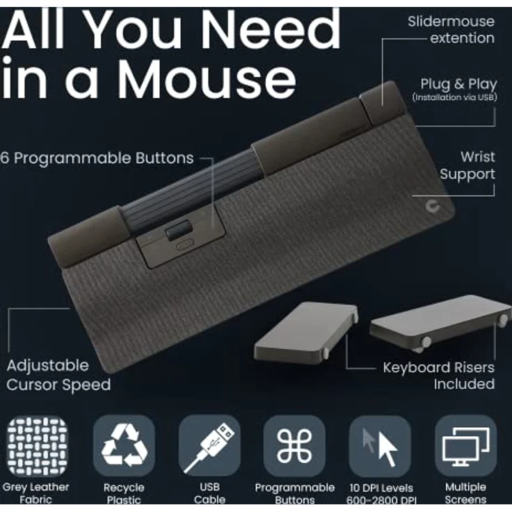 Contour SliderMouse Pro | Kabelmaus | Große Handballenauflage | Ergonomische PC Maus | Kabelgebundene Maus | Schmerzlinderung | 6 programmierbare Tasten | 2800 DPI | Für Windows & macOS | Dunkelgrau – Bild 4