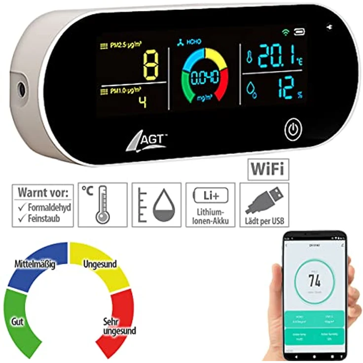 AGT Raumluftmessgerät: 5in1-Akku-Luftqualitätsmesser, HCHO, PM1/2,5, Temperatur u.v.m., App (Feinstaubmessgerät, Luftmessung, Gesundheit) – Bild 3