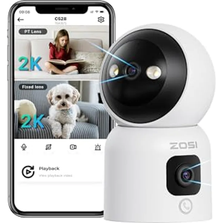 ZOSI Dual-Lens Überwachungskamera C528D mit 2K+2K, 2,4/5G WLAN, KI Personenerkennung, Farbnachtsicht