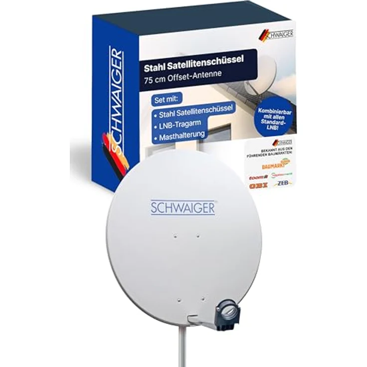 SCHWAIGER Satellitenschüssel Ø 80 cm Stahl Offset Antenne, hellgrau, wetterfest & Multifeed geeignet, inkl. LNB Tragarm & Masthalterung, max. Empfangsleistung 38,5 dB – Bild 1