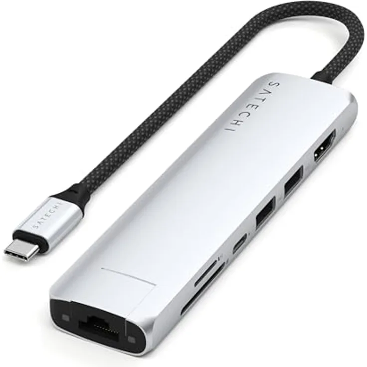 SATECHI 7-in-1 USB-C Hub Slim Plus, Multiport-Adapter, Dock mit 4K HDMI, 100W Power Delivery, 2X USB-A, Ethernet, SD/MicroSD – Silber