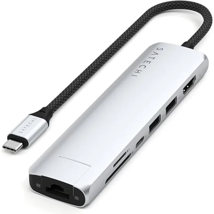 SATECHI 7-in-1 USB-C Hub Slim Plus, Multiport-Adapter, Dock mit 4K HDMI, 100W Power Delivery, 2X USB-A, Ethernet, SD/MicroSD – Silber – Bild 1