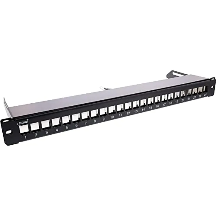 InLine® Patchfeld 24-Fach, Keystone Leerblech Patchpanel mit Auszug, 19", 1HE, schwarz RAL9005, geeignet für Cat.6A/Cat.6/Cat.5 Module