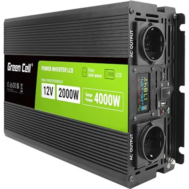 Green Cell DC to AC Power Inverter 2000 Watt, ATX-Netzteil mit 2 Ausgängen, Schwarz, 80 Plus Zertifizierung – Bild 1