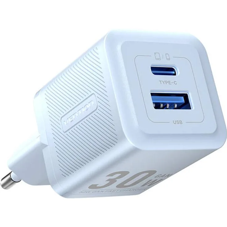 Vention Cargador de Pared GaN FEQL0-EU, 2x USB (C+A), 30W/30W, schnelle Ladeleistung, kompakt, blau