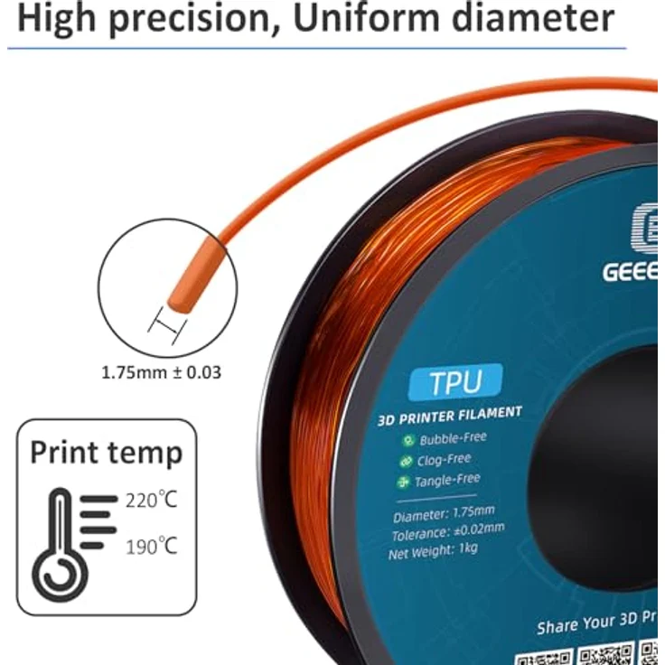 GEEETECH TPU Filament 1,75mm Transparent Orange, Flexibles 3D Drucker Filament mit hoher Abriebfestigkeit, 1kg Spule – Bild 2