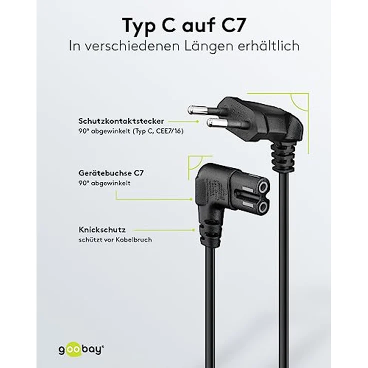Goobay 73019 Netzkabel Eurostecker auf 2-Polig Doppelbuchse Gewinkelt für Sonos Play, Monitore, Radios, 2m schwarz – Bild 3