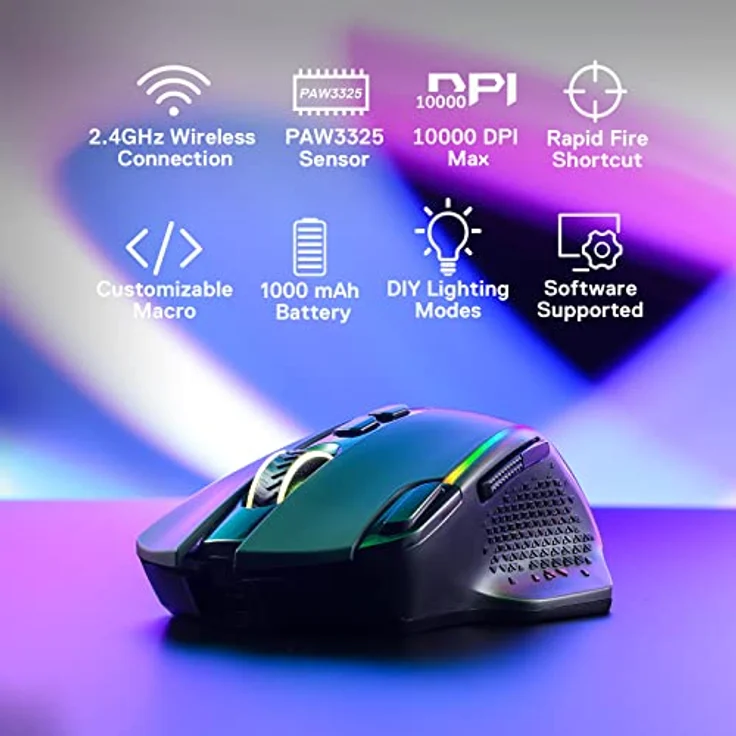 Redragon M810 Pro, Kabellose Gaming-Maus mit 10000 DPI, 8 programmierbaren Tasten, 45 Stunden Akkulaufzeit und RGB-Hintergrundbeleuchtung für PC/Mac/Laptop – Bild 3