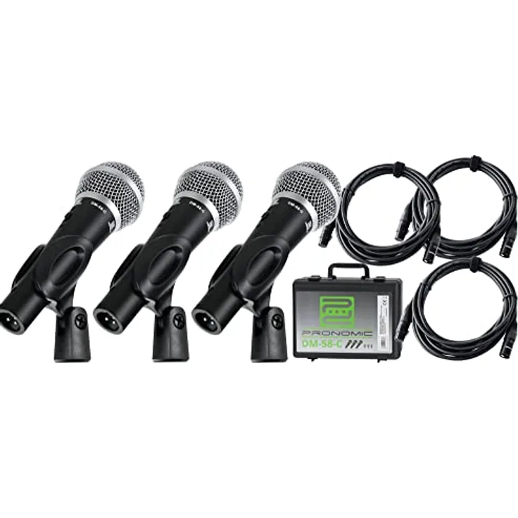 Pronomic DM-58-C Vocal Mikrofon 3er Set mit Kabel - 3 dynamische Mikrofone mit Nieren-Charakteristik - Elastisch gelagerte Kapsel - EIN-/Aus-Schalter - 3 XLR-Kabel à 5m Länge - Koffer - Schwarz
