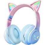 Avizar Leuchtende Katzenohren Bluetooth Kopfhörer, Blau, mit RGB Farben, kabelloses Headset und Micro-SD-Kartensteckplatz