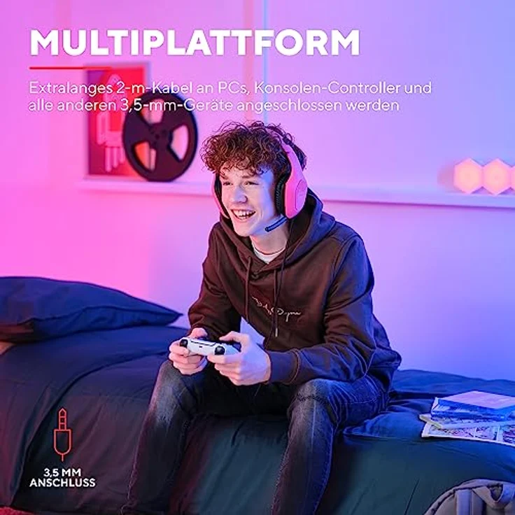 Trust Gaming GXT 415P Zirox Leichtes Gaming Headset mit 50-mm-Treiber für PC, Xbox, PS4, PS5, Switch, Mobile, 2-m-Kabel, 3,5-mm-Audioanschluss, Over-Ear Kopfhörer mit Kabel - Rosa – Bild 4