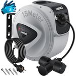 MASKO Automatik Kabeltrommel Verlängerungskabel 15m mit 3-Fach Anschluss 180° drehbar 1,5m Zuleitung Wandhalterung Werkstatt Kabelaufroller Automatisch Stromtrommel Schlauchaufroller Inkl. Handschuhe, in Schwarz