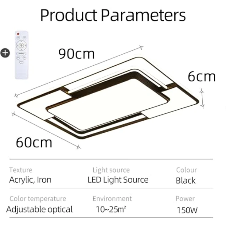 Natsen 150W Deckenlampe LED Deckenleuchte, voll dimmbar mit Fernbedienung, Rechteckige Leuchte für Büro Schlafzimmer Wohnzimmer Arbeitzimmer, Schwarz – Bild 3