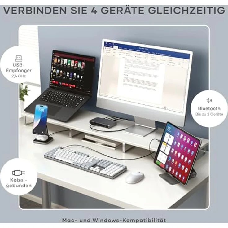 SATECHI SM3 Mechanische Tastatur, Volltastatur mit LED-Hintergrundbeleuchtung, Bluetooth-Konnektivität - Hellgrau/Weiß - QWERTY US Layout – Bild 3