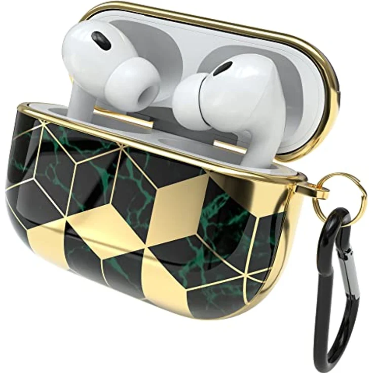 EAZY CASE Schutzhülle für AirPods Pro 2 Hülle Grün Hard Case Stoßfest mit Karabiner Antikratz Etui rutschfest Hardcase für Airpod Pro 2. Generation in Gold Grün Marmor. – Bild 1