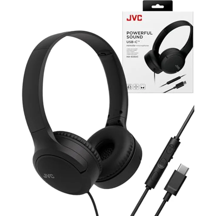 JVC HA-S33UC-B USB-C On-Ear-Kopfhörer, weiche Ohrpolster, faltbar, mit Mikrofon & 3-Tasten-Fernbedienung, einseitiges Kabel, Schwarz – Bild 4
