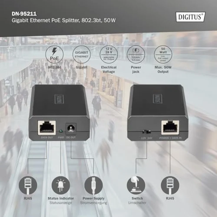 DIGITUS PoE++-Splitter - Gigabit - IEEE802.3at/bt - 51W Ausgangsleistung - 10/100/1000 Mbit/s - wählbare Ausgangsspannung 12V/24V - Schwarz – Bild 2