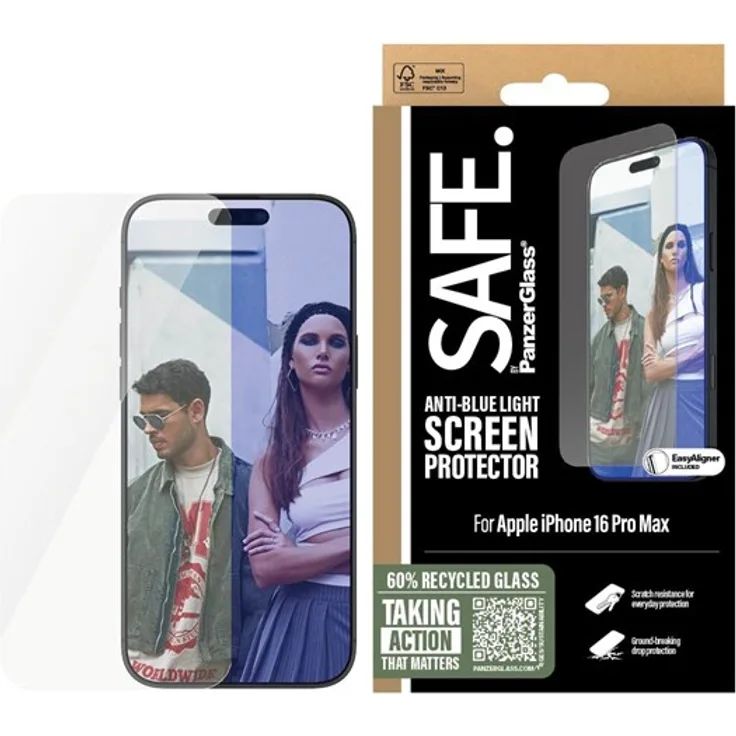 SAFE by PanzerGlass EyeCare Screen Protector für iPhone 16 Pro Max, Ultra-Wide Fit, 60% recyceltes Glas, kratz- und stoßfest, einfache Installation, Augenschutz