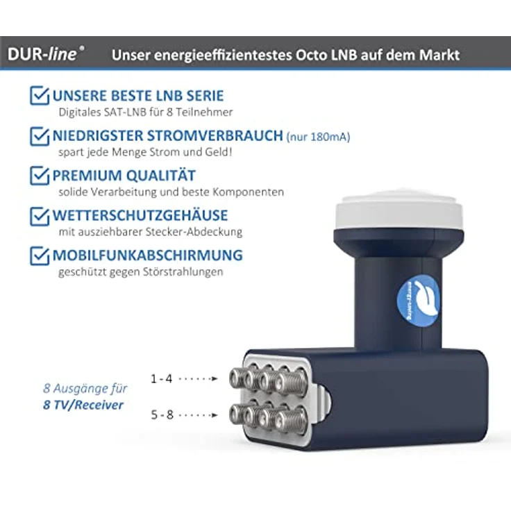 DUR-line Blue ECO Octo - Stromspar-LNB - 8 Teilnehmer - Premium-Qualität - 8-Fach, digital, Full HD, 4K, 3D – Bild 2