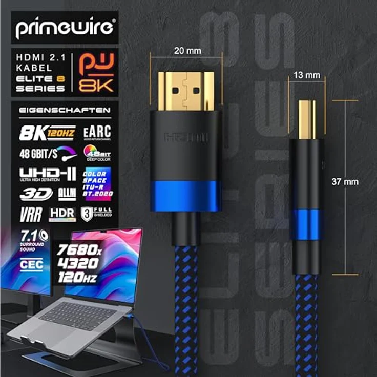 2m 8K HDMI Kabel 2.1 - 8K60Hz 4K 120Hz DSC - HDTV 7680 x 4320 - UHD II - HDMI 2.1 2.0a 2.0b - 3D - Highspeed HDMI-Kabel Ethernet - HDR - ARC - Präzisionsstecker - kompatibel zu Blu Ray PS4 Xbox – Bild 2