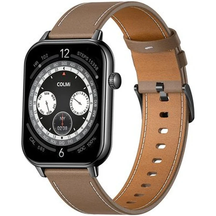 COLMI C28 Smartwatch, 1,93 Zoll AMOLED HD-Display, Schwarz mit braunem Lederarmband, Bluetooth-Anrufe, über 100 Sportmodi