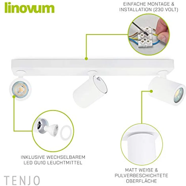 linovum TENJO Deckenstrahler 3 flammig weiß schwenkbar & drehbar mit LED GU10 2W warmweiß 230V – Bild 3