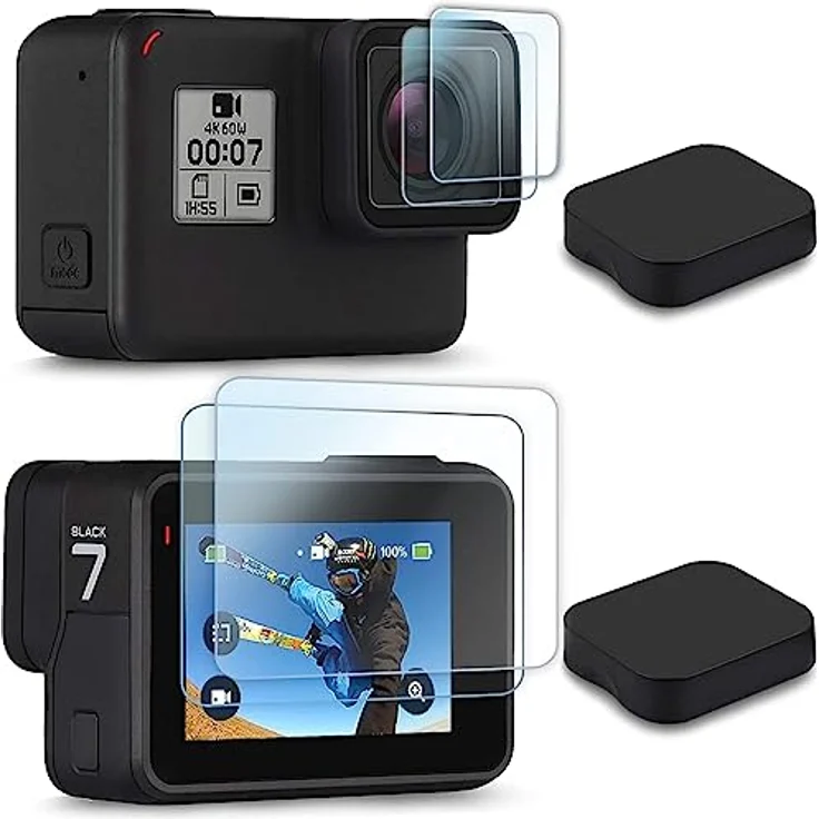 FiTSTILL Displayschutz-Set für GoPro Hero 7/HD (2018)/Hero 6/5 Black, 6er Pack gehärtetes Glas, 9H Härte, hohe Lichtdurchlässigkeit, inkl. Objektivschutz und Deckel – Bild 1