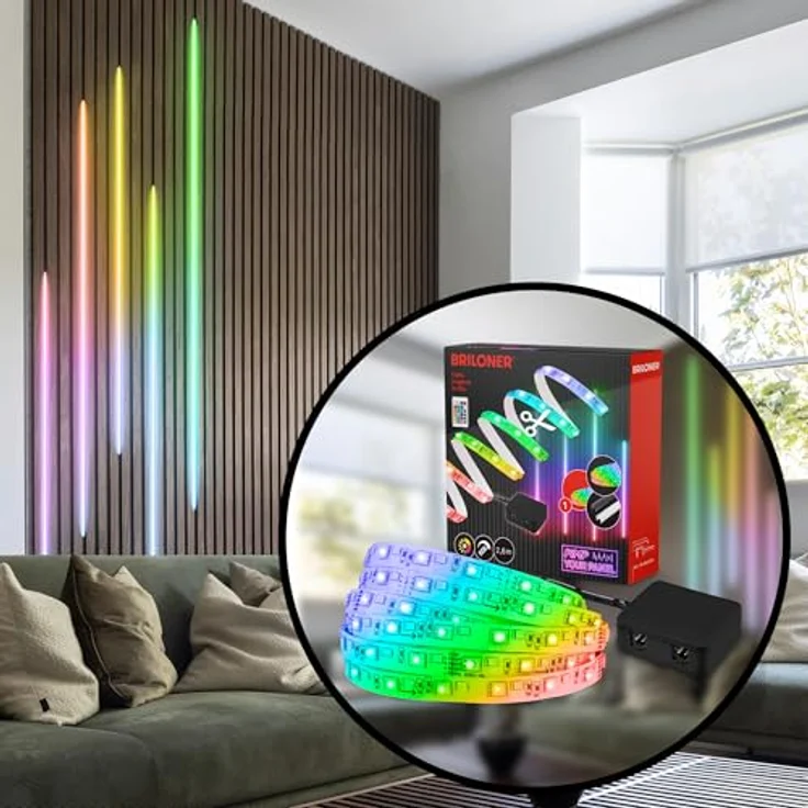 BRILONER - Pimp your Panel LED Strip Starterset, RGB bunte Lichtfarben, Fernbedienung, LED Streifen, Leiste, Zimmer Deko, Band, Zubehör Akustikpaneele, Lichtleiste, Lichtband, 2,6m, Weiß - Vielseitige Beleuchtungsoptionen & Fernbedienungsfunktion – Bild 1