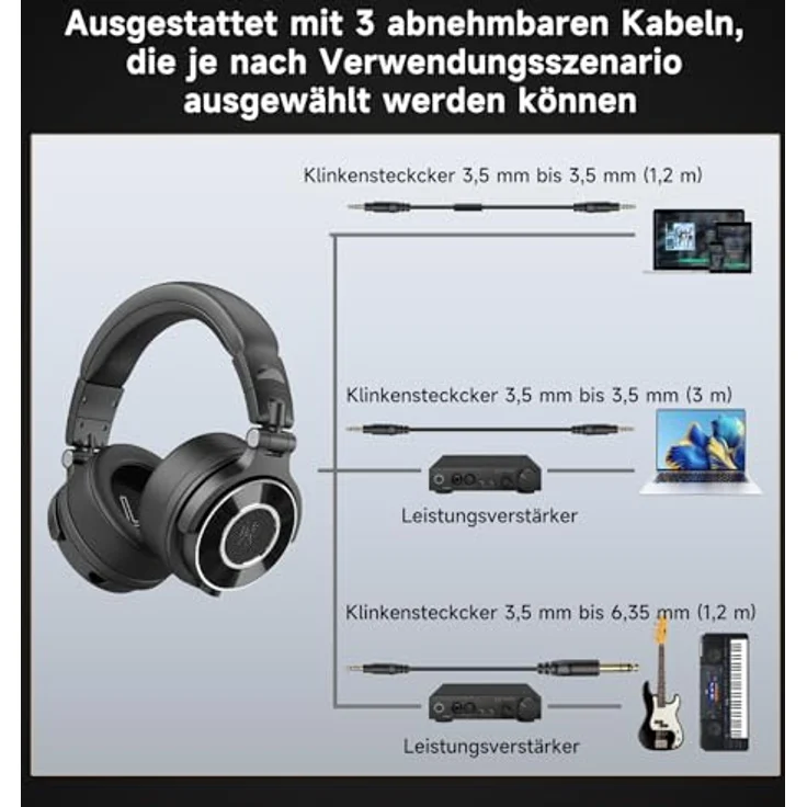 OneOdio Kopfhörer mit Kabel, Monitor 60 Professioneller geschlossener Studio Kopfhörer 38 Ohm, Kopfhörer Over Ear mit 50mm Treiber Hi-Res Audio, Abnehmbares Kabel(3.5mm/6.35mm), für Podcast, Handy, PC – Bild 3
