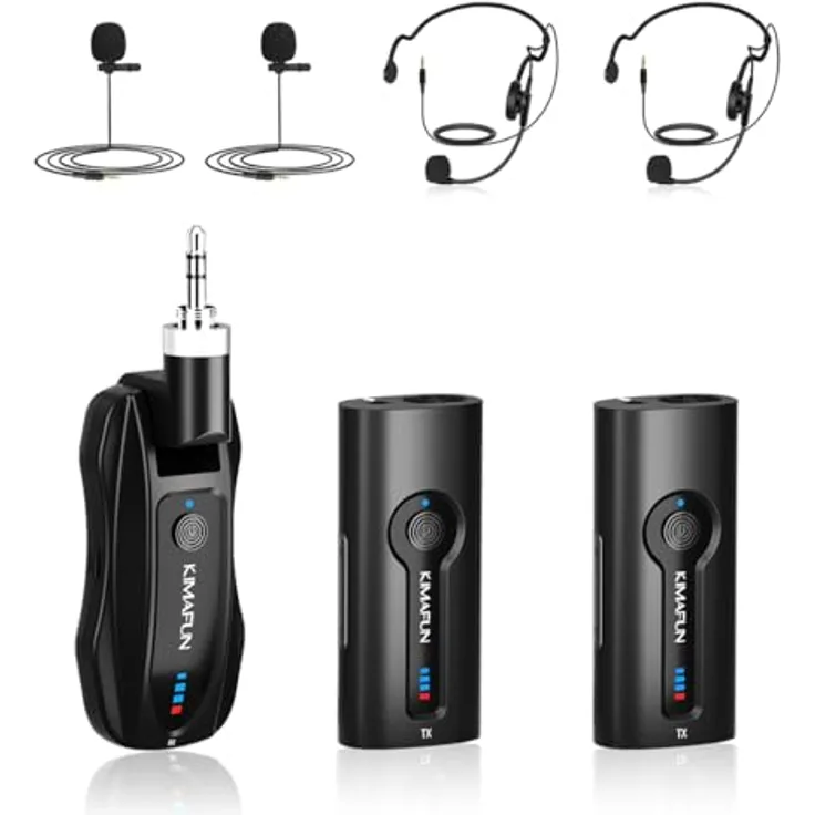 KIMAFUN KM-G70, 2-in-1 Kabelloses Headset und Lavalier Mikrofonset für 2 Personen, 2.4G Drahtlos mit Geräuschunterdrückung, 50m Reichweite, 8 Stunden Akkulaufzeit