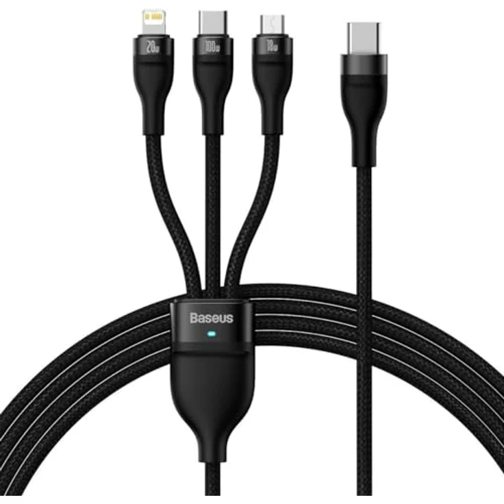 Baseus Flash Series 2, 3in1 USB-C Kabel, 100W, 1,5m, USB-C / Lightning / Micro, schwarz – Bild 1