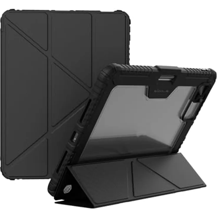 Nillkin Bumper Pro Schutzhülle aus PU-Leder für Apple iPad Air 13 2024/Pro 12.9, stoßfeste Abdeckung mit Multi-Winkel-Klappstil und Rückkamera-Schiebeabdeckung, Schwarz