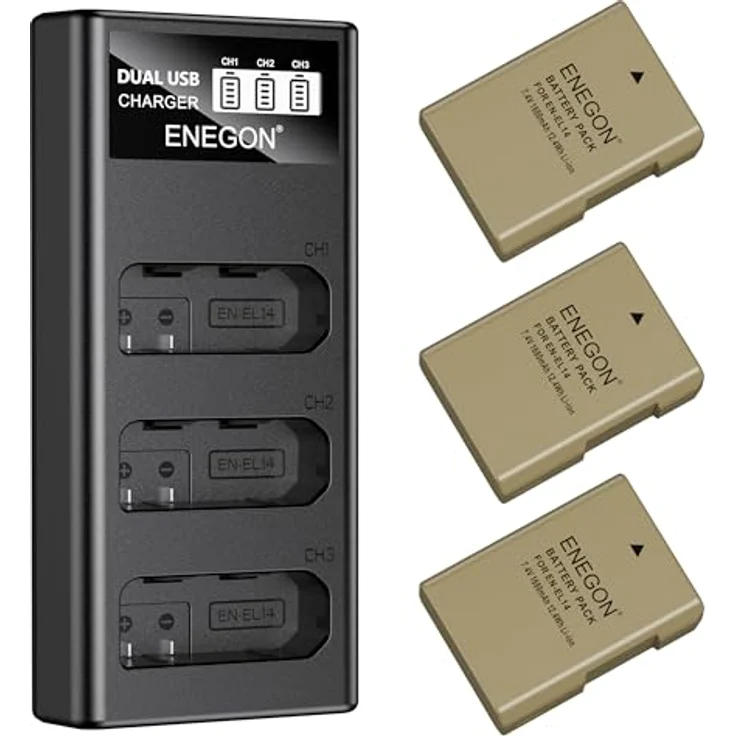 ENEGON 3er-Pack EN-EL14 Hochkapazitäts-Akkus (1680mAh) + 3-Schacht Ladegerät mit LCD-Anzeige, kompatibel mit Nikon D3100-D5600 – Bild 1