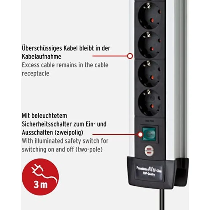 Brennenstuhl Premium-Alu-Line, Steckdosenleiste 6-fach - Steckerleiste aus hochwertigem Aluminium (Mehrfachsteckdose mit Schalter und 3m Kabel, Made in Germany) silber-schwarz – Bild 3