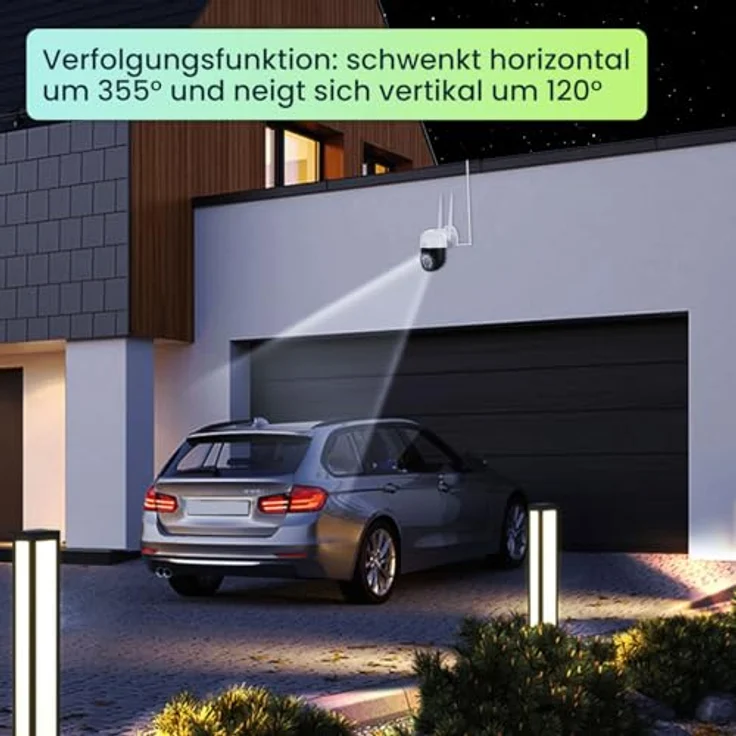 Casativo WLAN Outdoor Überwachungskamera 2K, IP66 wetterfest, Pan-Tilt, intelligente Personenerkennung, Nachtsicht in Farbe, 95 dB Sirene – Bild 4