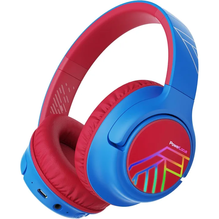 PowerLocus Bobo Bluetooth-Kinderkopfhörer mit Lautstärkebegrenzung, blau/rot, für sicheres Hören und unbegrenzten Spaß