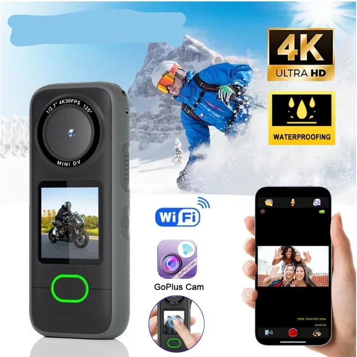 Exlene 4K-WLAN-Actionkamera, Mini-Sportkamera mit Touchscreen, wasserdicht, für Reisen und Motorradtouren, inkl. Dashcam-Funktion