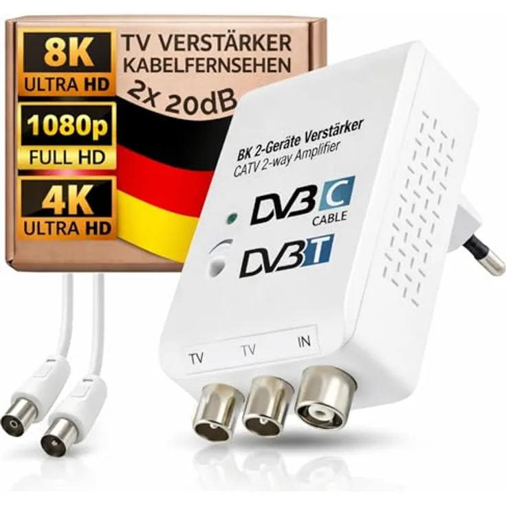 TronicXL Zweigeräteverstärker CATV Verstärker für Kabelfernsehen, 2x 20 dB Verstärkung, Plug & Play, Kompakt, 47-782 MHz Frequenzbereich